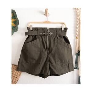 Banana Republic Cotton Linen Blend Khaki Green Paperbag Belted Shorts